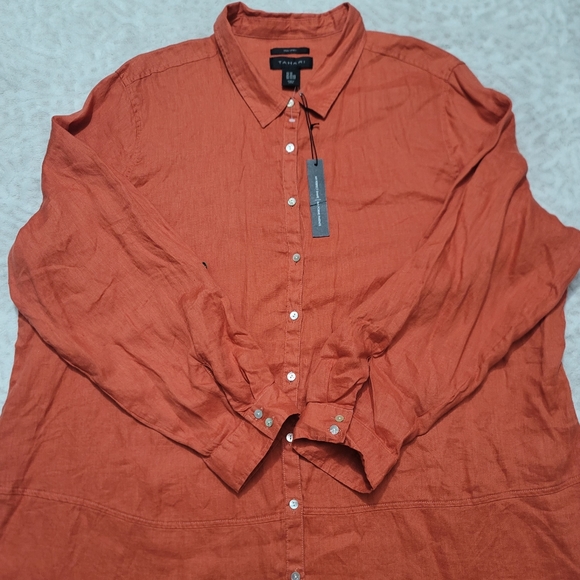 Tahari  Roll-Tab Sleeve Button Down Tunic Top Women’s Size 3X 100%Linen Orange - Picture 4 of 16